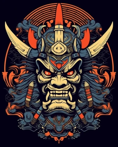 harmonic colors high contrast symbol of samurai mask ornate illustration by Hydro74, tshirt print vector,clipart style