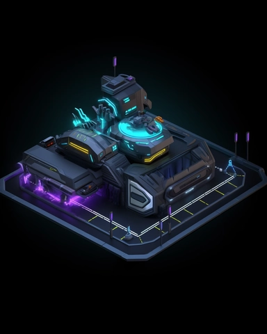 isometric perspective, game sprite, futuristic hovercraft parking hanger concept, gaming asset, sci-fi, fun, creative, cartoon, clipart, hyper-detailed, black background,