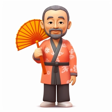 Create a clipart of a middle-aged Chinese man wearing traditional clothing, including a mandarin collar shirt and flowing pants. Show him with a calm and wise expression, holding a fan in one hand and chopsticks in the other. Make sure to include details such as his hair tied in a bun or ponytail and perhaps a small bamboo hat. The overall design should be simple yet elegant, capturing the essence of Chinese culture and tradition. Use bright colors and clean lines to bring the clipart to life.