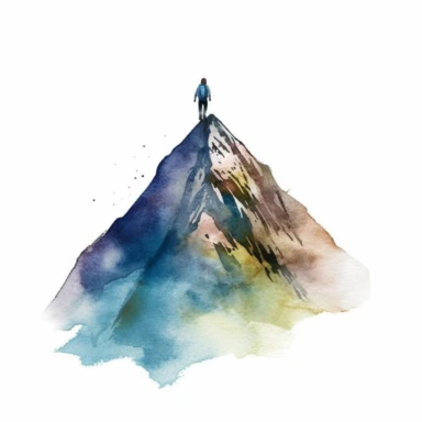 A clipart of a mountain with a hiker reaching the summit, crafted in watercolor style, all on a white background.