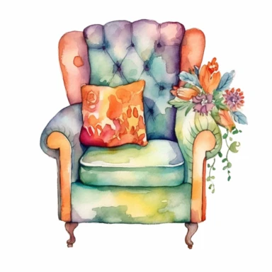 hand drawn watercolor , boho style ,living room,boho Armchair, boho style details, boho colors, clipart, single object,png, sublimation, white background for removing background - - no text shadow font watermark