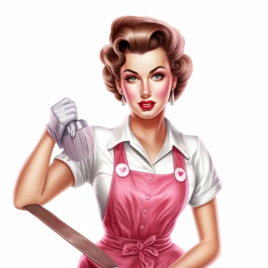 beautiful pretty pin up woman, makeup and hair 50's style, diferent poses,maid dressed, paint art style, cleaning furniture 50's style, detail, clipart, white background, superrealistic, one of a kind