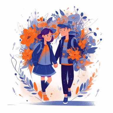 girl and boy with bouquet of flowers together go to school illustration, children storybook illustration. 2d, vibrant luminous colors, flat style, ink Lines, clipart, white empty background, sharp, high resolution, blue orange warm
