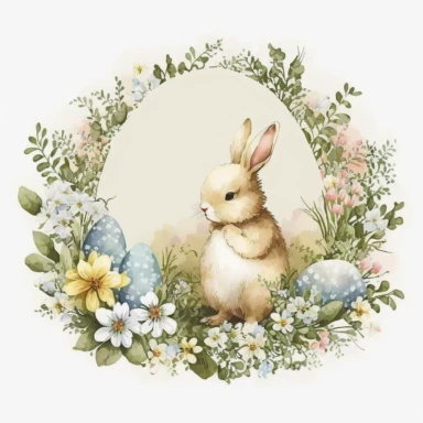 Watercolor Cute Rabbit, flower circel, eggs Easter Clipart, white bavkground