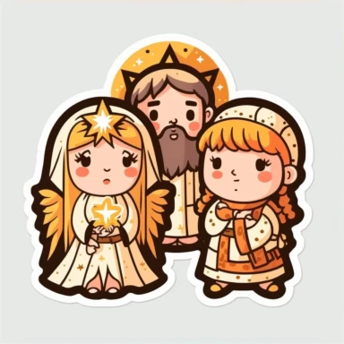 vector sticker design, anime style Christmas nativity clipart, white background, flat colors