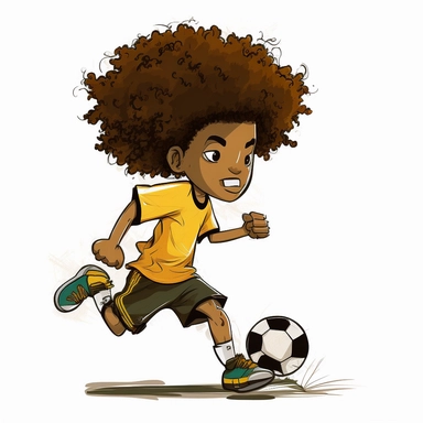 biracial, eight year old boy with short curly brown hair, kicking a soccer ball yellow shirt black shorts Clipart - - upbeta - - v 5 - - s 750