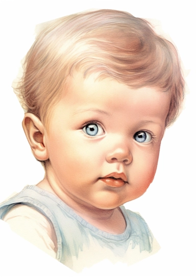 a cute retro vintage infant baby boy. close-up of his beautiful face. Color pencil sketch, soft baby colors, on a white background for clipart.