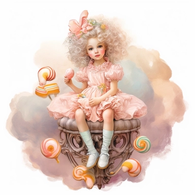 adorable little vintage whimsical girl sitting on a cloud made of sugar sweets candy and ribbons, face looking straight, full body, clipart style, pastel pink and orange, accurate details, oil painting technique, super high quality, professional watercolor clipart, high resolution