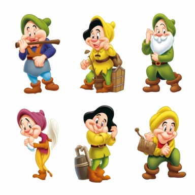 snow white and the seven dwarfs cartoon characters, in the style of highly stylized figures, pensive poses, the bechers' typologies, green and gold, uniformly staged images, energetic expressions, group f/64, disney snow white and seven dwarfs png, in the style of simplified compositions, light orange and dark green, expressive comic panels, disfigured forms, uniformly staged images, high resolution, realistic yet stylized, disney snow white characters clipart image, in the style of lively group