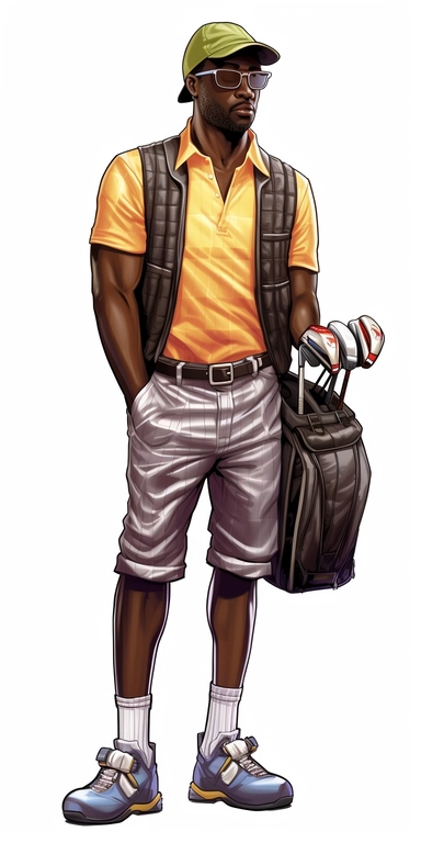 3d full body shot black man golfer Afrocentric in the style of realistic and hyper-detailed renderings, Hip Hop hollywood, bronzepunk, rendered in maya, jane small, rounded, jean restout clipart, graphic vector clipart, graphic vector, isolated on white background