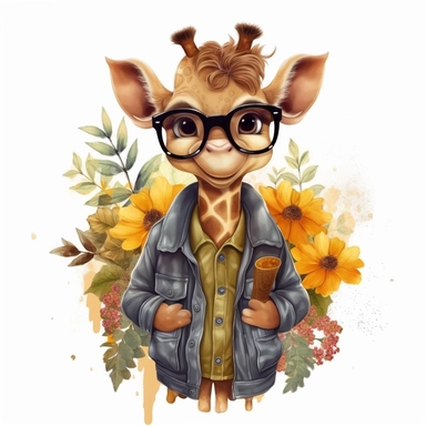 cute baby giraffe clipart, full body, wearing jacket, smile, sarrounding with small plants, eyeglasses