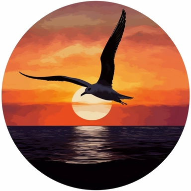 Title: Laysan Albatross Soaring at Sunset Description: A clipart-style image in a circle without a border featuring a silhouette of an endangered Laysan Albatross in flight. The background is a gradient of warm colors, depicting a stunning sunset over the ocean. The albatross is depicted with its wings fully extended, gliding gracefully above the waves. The bird's elegant form is highlighted by the contrast between the black silhouette and the orange and pink hues of the sky. The image conveys a