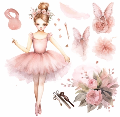 watercolor illustrations for love, ballet ballerina cards, diy cards, wedding, party invitations, scrapbooking, vintage, clipart, love, ballerina,, in the style of lucy glendinning, bella kotak, pink and brown, plush doll art, playful repetitions, ink and wash, feminine sticker art