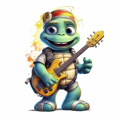 cute Turtle character wearing rock music clothes and music element with happy face,front facing on isolated background,with happy face and expression,Animal Sublimation Clipart,no splash watercolor,white background, ultra detailed clipart, cut out image, colorful watercolor realistic, cartoon style, ultra HD, sharp and clean art