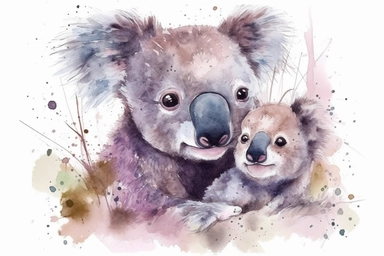 Australian Koala bear and its baby, clip art style, watercolor texture, white background, gentle brush strokes, soft pastel colors, serene and heartwarming scene, spaced out