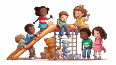 a cartoon, clipart style illustration of A group of multicultural children playing together. Include play equipment but no background. The children are ona solid whitebackground.