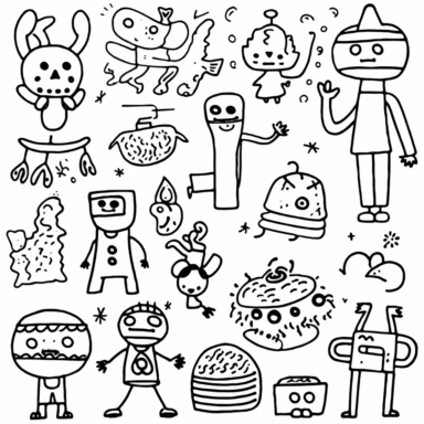 a set of black line clipart inspired by ramen and mutants and killer puppets and Funko Pop toys