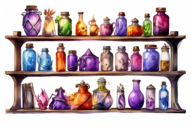 Create a watercolor clipart of a captivating magic elixir shelf with shelves adorned with mystical symbols, featuring an assortment of elixirs in bottles, carefully arranged on a magical floating table, surrounded by spellbooks filled with ancient knowledge, viewed from a slightly tilted perspective, hd, spaced out, on a white background