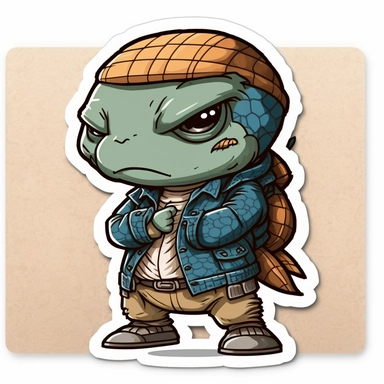 small cute anthropomorphic Chibi turtle animal, dressed like a man, wearing jeans and t-shirt, clipart, in sticker style, in comics style, cell shading