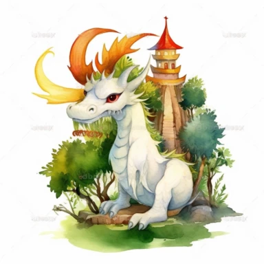 A devil white color fantasy dragon , scale , near a castle , bamboo tree , Perfect for nursery art and children's book illustration style, simple, cute, full color, clipart, watercolor illustration, single object, white background for removing background