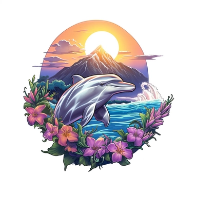dolphin, close up, a sticker, artwork of t shirt graphic of majestic forest, in digital painting style , beautiful flowers, sunset mountains and clouds , big vines, stone temple covered in vines, white background, colorful fantasy flower sorround , highly detailed clean, vector image, photorealistic masterpiece, professional photography, realistic, flat white background, isometric, vibrant vector, clipart, illustration, realism, 4k, , cinematic, front view, white background, paradise, extremely 