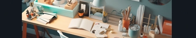 A super zoomed in picture of a home desk office featuring its intricate details Highly detailed and realistic art direction, inspired by art director Bob Shaw. The items in art direction will be realistic items that are designs of IKEA. The scene will feature a mix of teal and peach colors, with white dominating the overall color palette. Bright and well-balanced lighting that adds depth and dimensionality to the scene. The lighting should create a warm and inviting atmosphere, that cast beautif