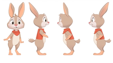 clipart,A cute little rabbit wearing a bright shirt and shorts+three Kans, with three perspectives on the front, side, and back, in different poses. The little rabbit has a small and cute body, with furry white fur and a pair of long ears. Its bright black eyes exude a clever and curious expression. A mischievous expression, he often wears bright shirts and shorts, full of vitality.clipart style, full body with both feet, painting, illustration, style, beautiful cartoon style, three images