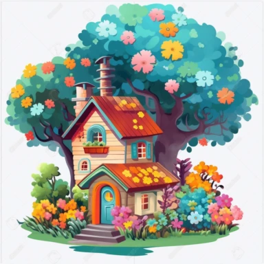 icon clipart diagram of a house with trees, flowers. Png with transparent background. For flyer design