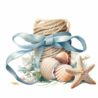 Craft a lovely clipart image of ribbon twine entwined with seashells, using soft watercolor strokes and shades of blue, capturing the coastal charm and delicate beauty of your beach wedding decorations ,Weeding on the beach, Watercolor, Detailed, sweet, m