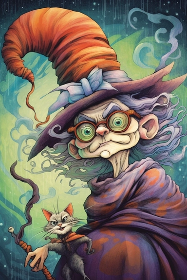 SURREAL cartoon crone witch and her cat, with her huge grin,large head big eyes, huge eyeglasses, wearing pointed hat , stormy clouds in the background ,painted in many colors,, swirling colors, intricately textured, airbrushing, layered imagery, split toning. detailed watercolor . clip art, cartoon, 8k