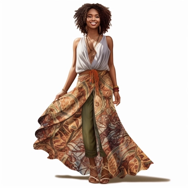 ultra realistic, bohemian african american woman, standing and happy, clipart