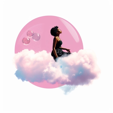 The world, the black woman falling under the clouds, pink, flying bubbles clip art