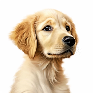 confused golden retriever puppy, digital painting and drawing, clipart, half body, hyper - realistic animal illustration, childlike, free brushwork, white background, side view