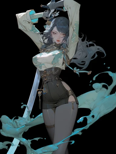 the Beauty wielding a sword, snapshot realism, fierce femenine pose,mercilessly,transparent background png clipart, in the style of mote kei, moody colour, changelingcore, ,calligraphy-inspired, uhd image, gongbi, China water colour
