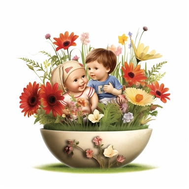Capture a charming commercial moment with a beautifully detailed, ultra-realistic illustration of a lovables [childrens playing football] half hidden behind a pot of nice flowers, backgroundof a nice and floral farm, creating an endearing scene ideal for nursery-style clipart and baby room décor. Isolated on a clean white background, this highly-detailed, award-winning artwork