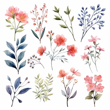 beautiful floral watercolor clipart set with flowers, leaves, and branches, clipart, isolated on white background, bojo, vintage, lithograph, 32k uhd, texture