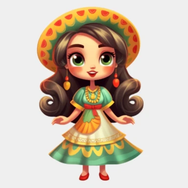 Beautiful mexican style girl, happy dancing, with beautiful eyes and beautiful smile, disney style, full body,on white background, big eyes, clipart, cartoon, inkley studio, smiling, outlines, with a beautiful typical Mexican dress green, white and red colors, typical mexican hat, charming anime characters Thomas Kinkade Nadja Baxter Anne Stokes Nancy Noel