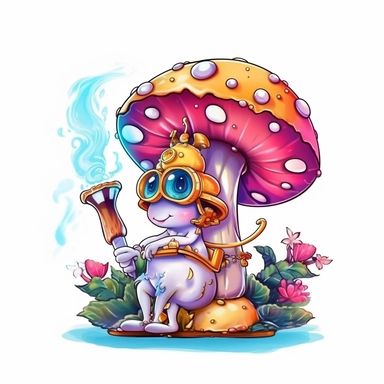 whimsical, cute, cartoon, clipart, caterpillar smoking a hookah sitting on a magic mushroom, sticker