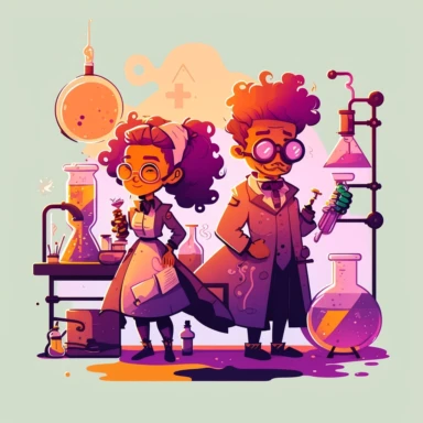 scientists having fun in the laboratory, silly, cute, romantic, fantasy style, high detailled, negative space, clipart, steam punk, vibrant colors