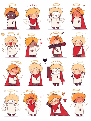 Emoji, Animated jesus clipart image, in the style of white and red, caricature-like figures, bold, cartoonish lines, emoticons Happy, Laughing, Shy, Surprised, Angry, Unbelievable, Pretend to be cute, Curiosity and more surrounded by heart symbols, watercolor children's illustration style, bold line style - ar3:4 - niji 5 - style cute - variant by