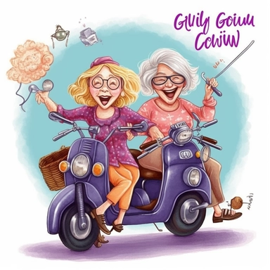 happy, funny, crazy old ladies with long gray hair clipart, line art style, driving on motorcycle to sewing store, loves fabric and threads, colorful outfits, vibrant colors, laughing load, looking happy with threads and scissors and thread spools in their hands,