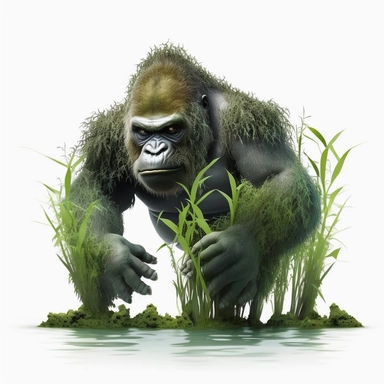 a gorilla wrestling with hydrilla grass underwater, clipart, white background