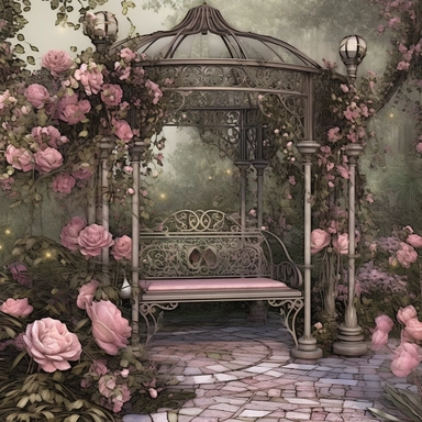 fantasy rose evening garden with antique wrought iron bench and gazebo, soft pink and green and khaki colors, romantic, clipart style, shabby chic, ethereal