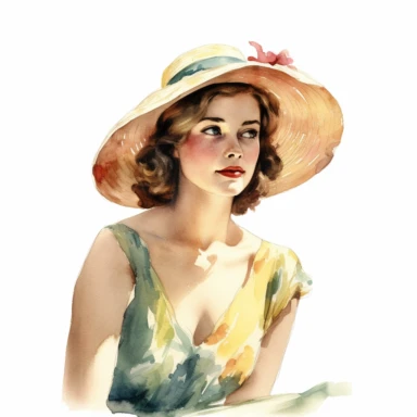 vintage woman colorful illustration old fashioned summer , Hand drawn , watercolor style,clipart,no shadow,single design, print on demand image, PNG transparent ,white background for removing background - - no text shadow font watermark