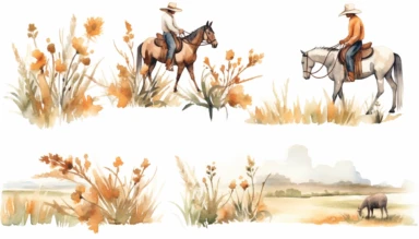 watercolor clipart set illustrations of cowboys from behind with wild grass and Texas longhorns on white background