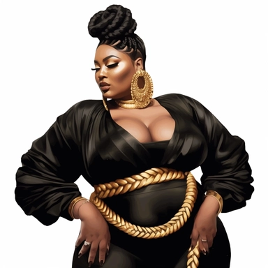 ??????socialite black woman bods, plus size, long massive braids, full glam, fashion icon, dripping gold rush, talented and good vibes, dressy pant and couture frilly flow top, clipart, white background