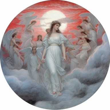 clipart, pastel blue sky, gray black clouds, red sun, white angels fly in the clouds, realism, t-shirt design, white background, Painting By Jean Delville, 16-bit