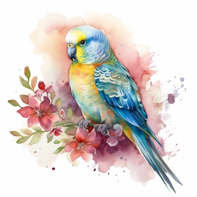 budgie bird,watercolour style, colourful, rainbow, watercolour, isolated solid background, pretty, floral, clipart, include branch and flowers--no watermark, text, words, paintbrush, typography
