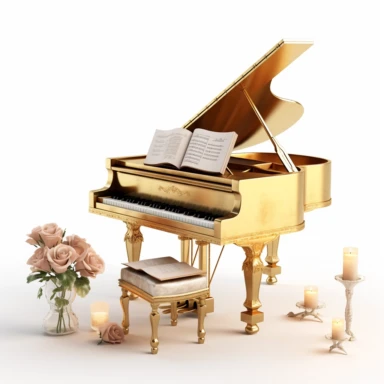 luxury gold piano with a seat, roses, music book and luxury candle digital clipart on white background