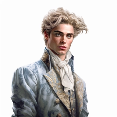 beautiful stunning handsome boy in vintage baroque fashion , paint art style, clipart, white background, superrealistic, one of a kind